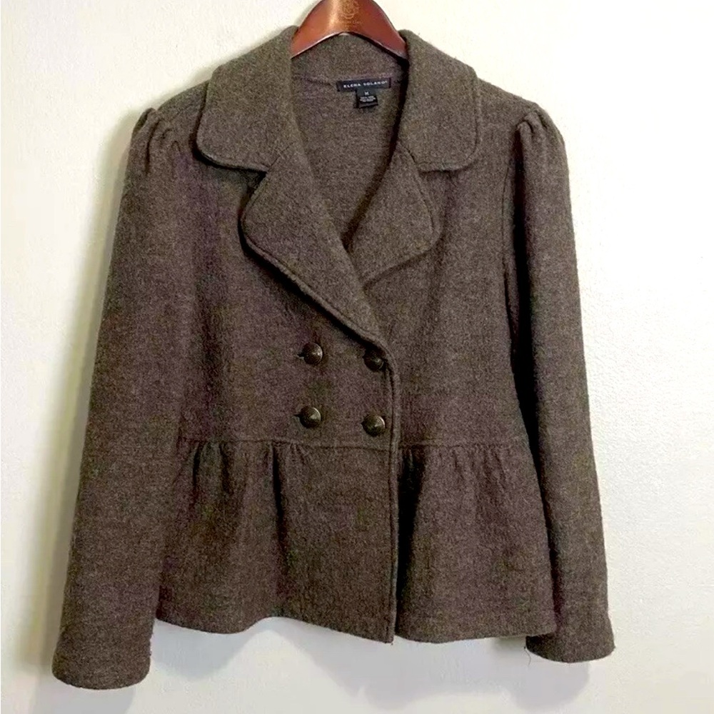 Elena Solano Brown Wool Cardigan Jacket Sz M Double Breasted Front Peplum ruffle